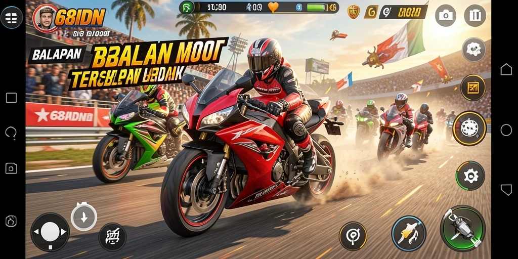 Gameplay seru balapan motor dengan trek menantang.