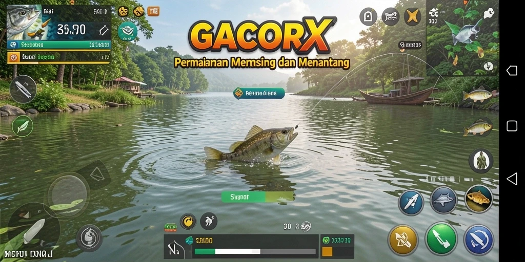 Tampilan gameplay GACORX saat menangkap ikan di laut.