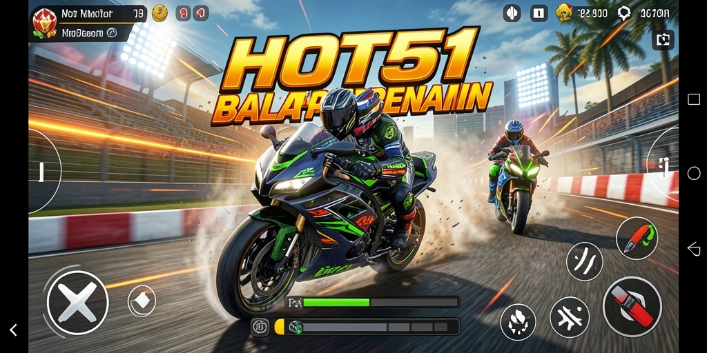 Gameplay HOT51 menampilkan balapan motor yang intens dan mendebarkan.