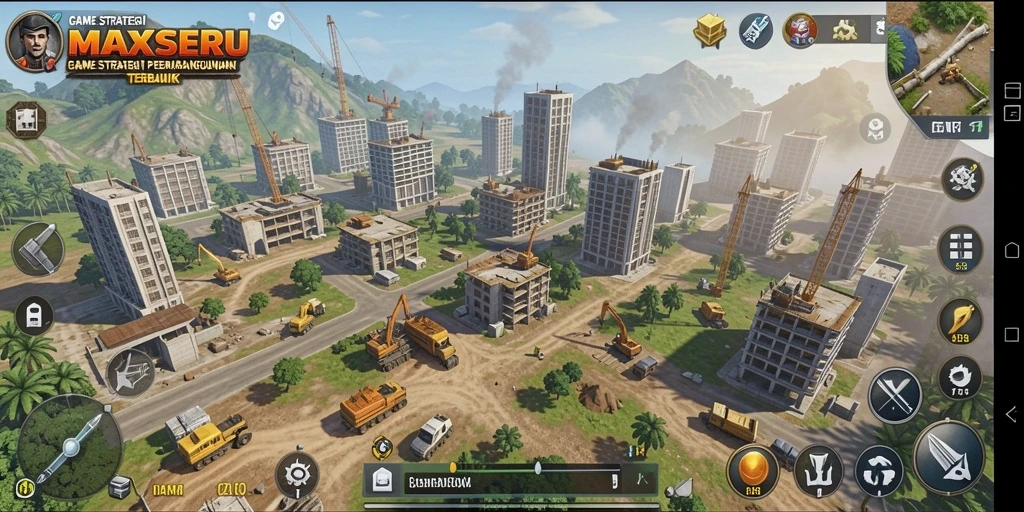Tampilan gameplay menarik dari <strong>MAXSERU</strong> yang menunjukkan pembangunan kota dan strategi.