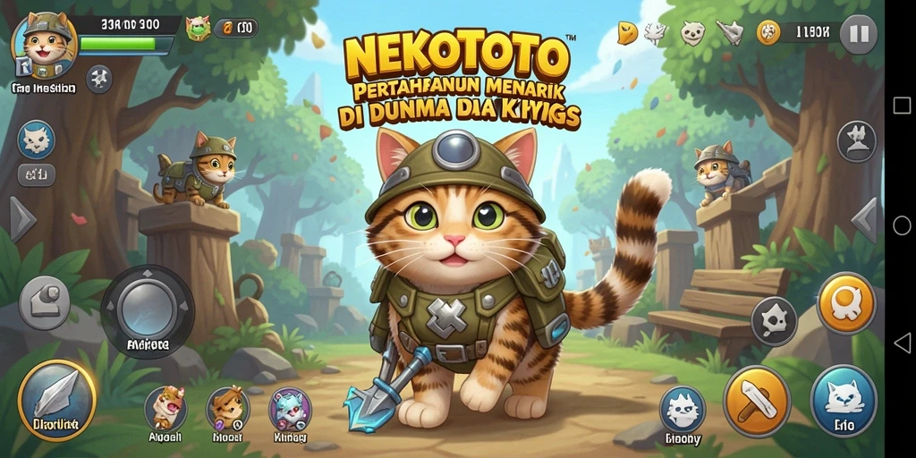 Screenshot gameplay NEKOTOTO menampilkan aksi kucing dalam strategi Tower Defense.