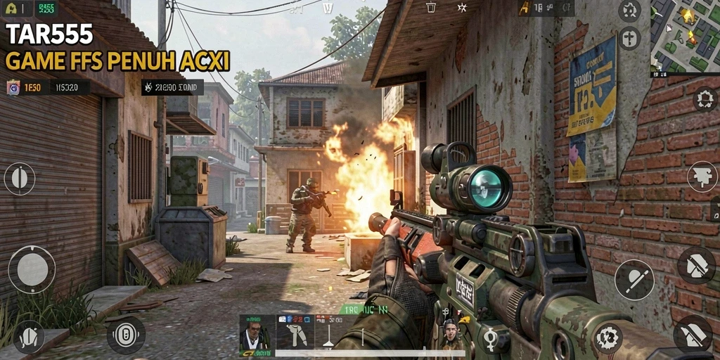 Screenshot TAR555 menampilkan intense gameplay FPS dengan aksi tembak-menembak.