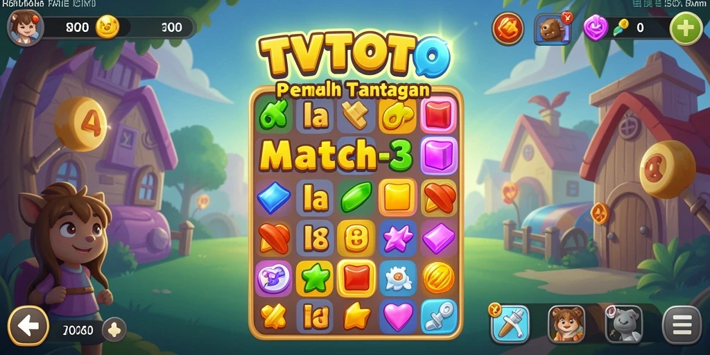 Screenshot gameplay TVTOTO menampilkan tantangan mencocokkan item dalam game Match-3.
