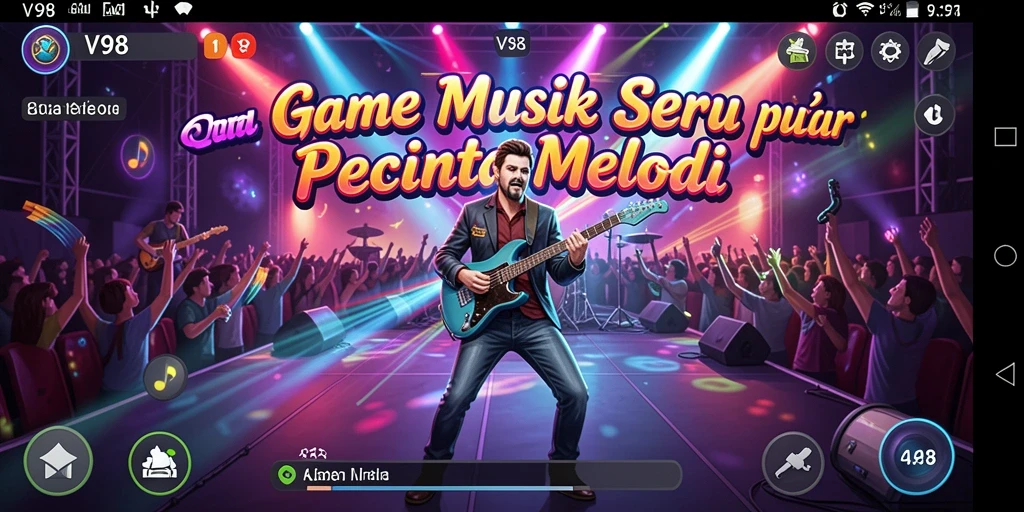 Tampilan gameplay V98 dengan berbagai pilihan lagu yang interaktif.